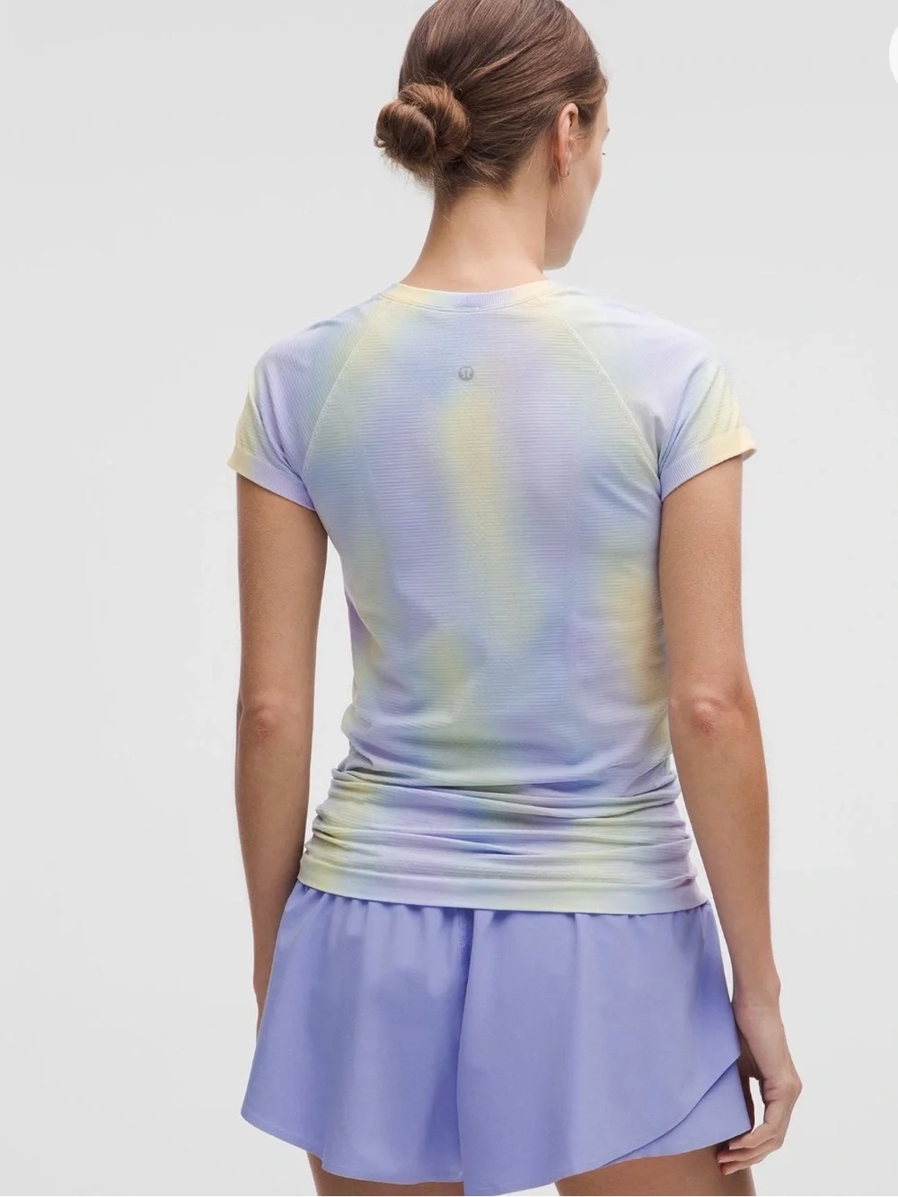 lululemon athletica Swiftly Tech Tee in Lavender and Pale Yellow om